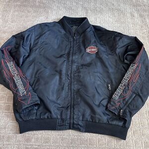Harley-Davidson Nylon Jacket Embroidered Mens 2XL Black Flames Full Zip Moto